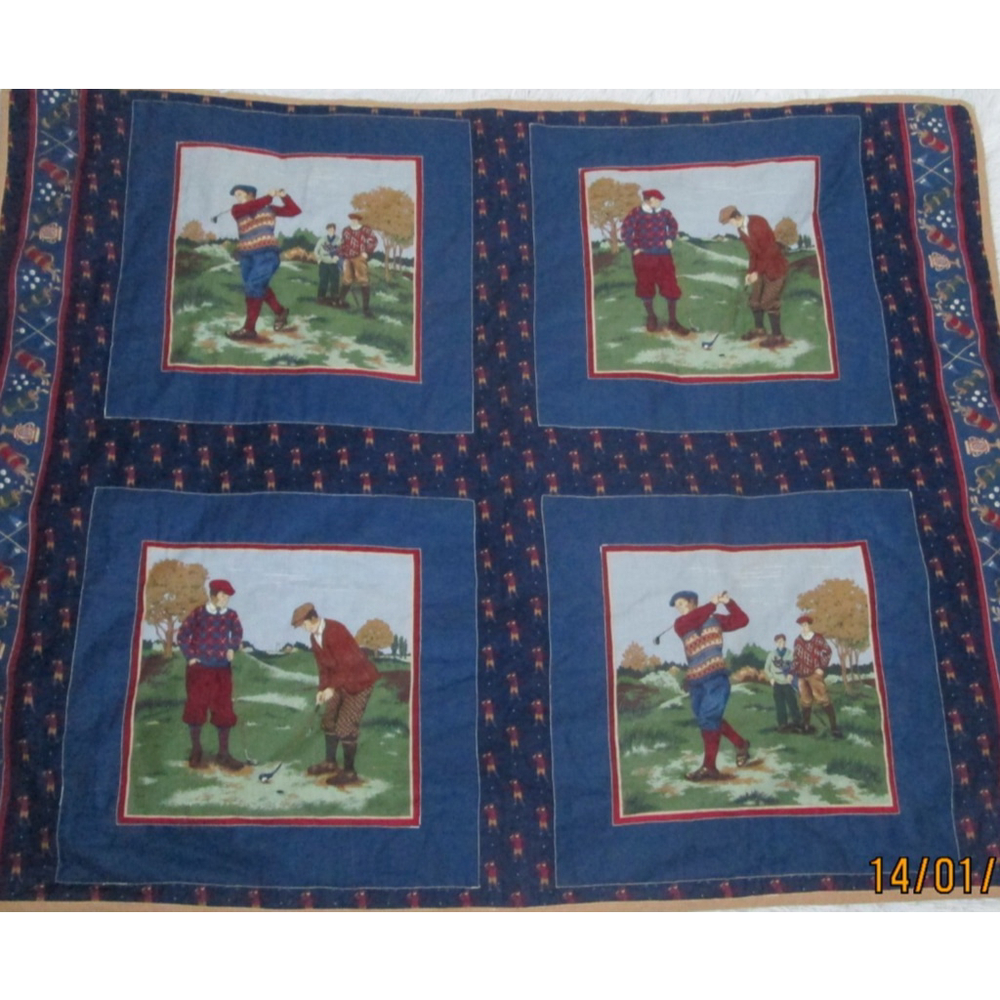 Handmade Quilt Size 44x34 Blue Golf‎ Vintage Style Four Square